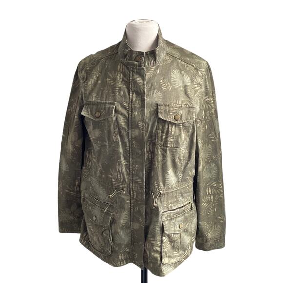 LL BEAN Utility Jacket Womens Sz Large Olive Green Field Jacket Palm Print - Picture 1 of 9